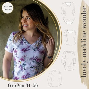 Könnte beinhalten: Eine digitale Illustration von vier verschiedenen Ausschnitt-Stilen für ein Shirt. Die Ausschnitt-Stile sind mit "lovely neckline wonder" beschriftet. Die Illustration ist auf einem weißen Hintergrund mit goldener Umrandung. Der Text "Größen 34-56" befindet sich am unteren Rand des Bildes.