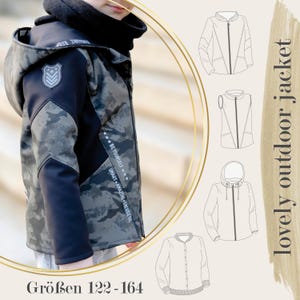 Op de afbeelding: Outdoorjas met camouflagepatroon met een zwarte kraag en capuchon. De jas heeft een schildembleem en de tekst "BE YOURSELF, SMART, AMAZING, ENERGETIC". De afbeelding toont ook jasontwerpopties en de tekst "lovely outdoor jacket".