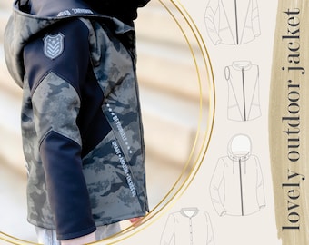 May include: A camouflage-patterned outdoor jacket with a black collar and hood. The jacket features a shield emblem and the text "BE YOURSELF, SMART, AMAZING, ENERGETIC". The image also shows jacket design options and the text "lovely outdoor jacket".