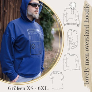 May include: A blue oversized hoodie with a black graphic of a video game console. The hoodie has a large pocket on the front and a drawstring hood. The text "Größen XS - 6XL" is visible at the bottom of the image.
