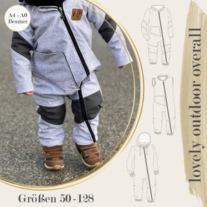 May include: A child's gray and black outdoor overall with a hood and a front zipper. The overall has a speckled pattern and dark gray accents on the knees, shoulders, and sleeves. The image also includes a pattern for the overall and the text "lovely outdoor overall".