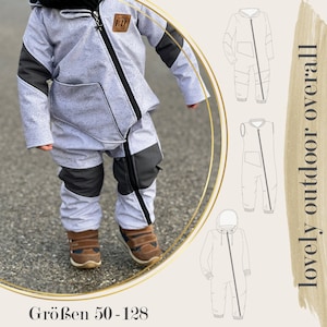 May include: A gray and black hooded jumpsuit with a zipper down the front. The jumpsuit is designed for outdoor wear and is available in sizes 50-128. The image also shows a child wearing the jumpsuit.
