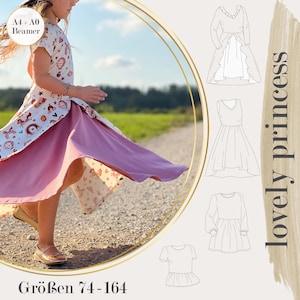 May include: A sewing pattern for a princess dress with a ruffled skirt. The pattern includes four different styles of dresses, all with a princess-like silhouette. The pattern is available in sizes 74-164 cm. The text "lovely princess" is written vertically on the right side of the image.