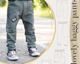 Puede incluir: Un patrón de costura para pantalones holgados para niños. El patrón incluye tres estilos diferentes de pantalones, todos con un ajuste holgado. El patrón está disponible en las tallas 50-104. El texto de la imagen dice "lovely baggy pants".