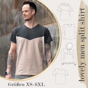 Könnte beinhalten: Ein kurzärmeliges V-Ausschnitt-Shirt in Grau und Beige mit Chevron-Design. Das Bild zeigt auch Skizzen ähnlicher Hemdstile. Der Text auf dem Bild lautet "lovely men split shirt" und "Größen XS-6XL".