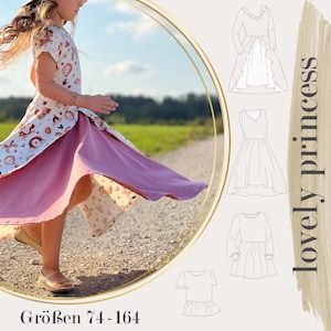 May include: A girl wearing a pink and white dress with a unicorn print. The dress has a ruffled skirt and a long sleeve top. The girl is standing in a field with a blurred background. The image also includes line drawings of different styles of dresses with the text "lovely princess" and "Größen 74-164".