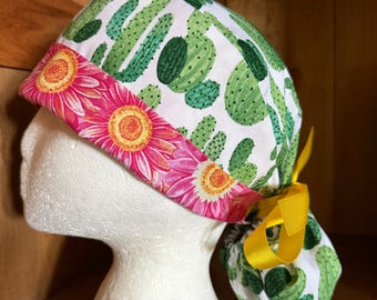 Summer cactus ponytail Scrub Hat, Women's Surgical Cap, USA Made; SELECT FABRIC