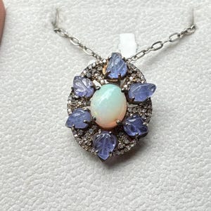 Opal Pendant with Carved Tanzanite Leaves & Natural Diamonds in Sterling Silver | Unique Floral Gemstone Jewelry Gift