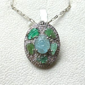 Carved Aquamarine Pendant with Emerald Leaves & Natural Diamonds in Sterling Silver | March Birthstone | Handmade Gem Jewelry
