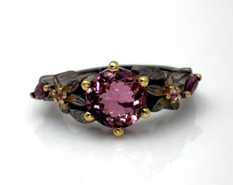 Pink Tourmaline Floral Ring | Oxidized Sterling Silver, Gold Accents