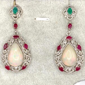 Pendientes colgantes de ópalo en plata de ley 925 / Pendientes victorianos de rubí, esmeralda y diamantes / Joyería vintage llamativa