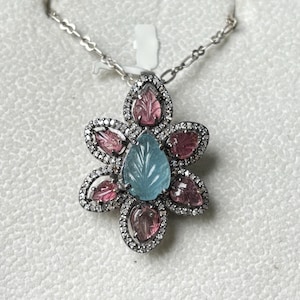 Carved Tourmaline & Aquamarine Pendant in 925 Silver with Natural Diamonds – Floral Design Necklace