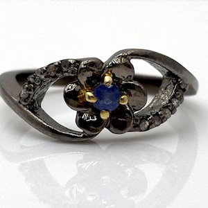 Sapphire Flower Ring with Diamonds in Oxidized Silver | Floral Gemstone Ring | September Birthstone Ring | Dainty Handmade Jewelry