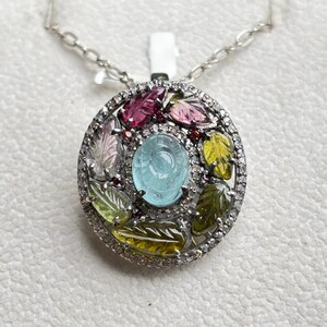 Aquamarine Pendant in Sterling Silver, Carved Tourmaline Leaves, Natural Diamond Accents, Handmade Gemstone Necklace