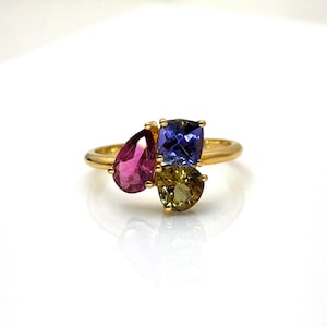 Goldring mit Rosa Turmalin und Tansanit - Einzigartiger Multicolor Edelstein Ring