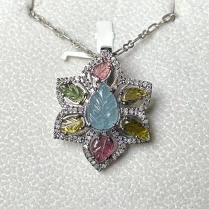 Carved Tourmaline & Aquamarine Pendant in 925 Silver with Natural Diamonds – Floral Design Necklace