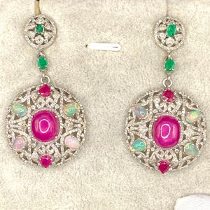 Pendientes de plata de ley 925 estilo victoriano con rubíes, esmeraldas, ópalos y diamantes / Pendientes colgantes de rubí natural / Regalo de joyería antigua llamativa