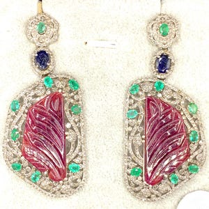 Platinum Finish | Natural Ruby Carved Gem, Emerald, Blue Sapphire & Natural Diamond Vintage Jewelry