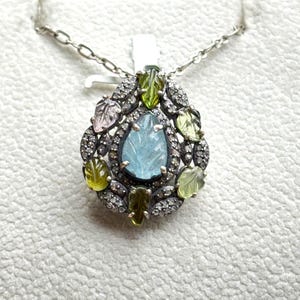 Carved Tourmaline & Aquamarine Pendant in 925 Silver with Natural Diamonds – Floral Design Necklace