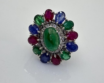 Vintage Style Emerald Ruby Sapphire Diamond Ring – Multi Gemstone Cocktail Jewelry