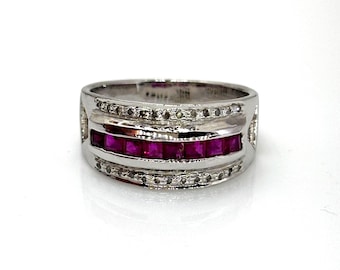 Vintage Ruby & Diamond Band Ring | Sterling Silver Dome Design | Bold Red Gemstone Ring | July Birthstone Jewelry