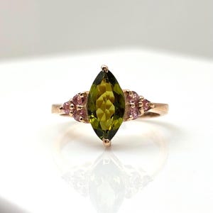 Green Tourmaline Marquise Ring | Pink Tourmaline Accent | Rose Gold Finish | Handmade Gemstone Ring | October Birthstone