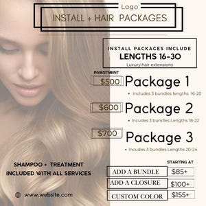 DIY Install and Hair packages, hair price list flyer, Hair instagram flyer. Edit on Canva