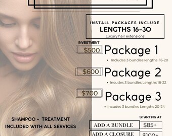 DIY Install and Hair packages, hair price list flyer, Hair instagram flyer. Edit on Canva