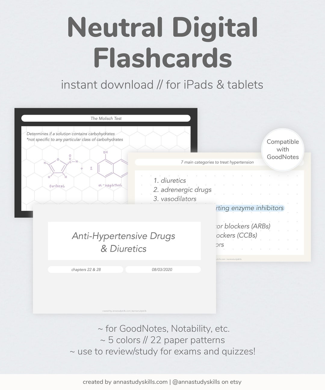Neutral Digital Flashcards, Dotted Lined Gridded, Goodnotes Template