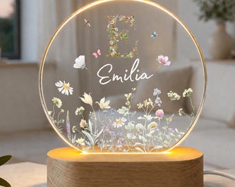 Luce notturna personalizzata con monogramma di fiori selvatici, luce notturna a LED con nome, regalo personalizzato per ragazze, nascita, battesimo, lampada, luce