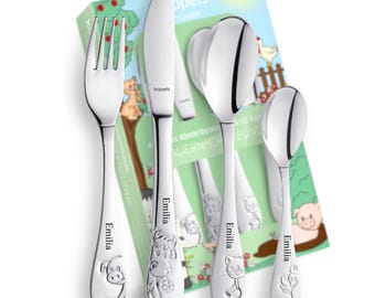 Kinderbestek met gravering gepersonaliseerd van roestvrij staal I 4 verschillende designsets I Cadeaus voor jongens en meisjes I Verjaardag I Doop