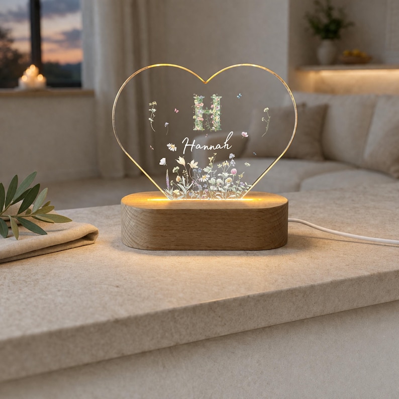 Personlig nattlampa med vildblomsmonogram, LED-nattlampa med namn, personlig present till flickor, födelse, dop, lampa, ljus 3 Herz