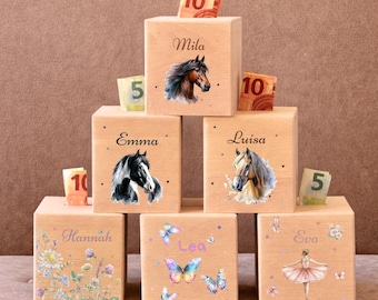 Salvadanaio personalizzato con nome, salvadanaio a forma di animale, salvadanaio in legno, regalo per battesimo, battesimo, salvadanaio per bambine, neonato, nascita, balletto, cavalli, ballerina
