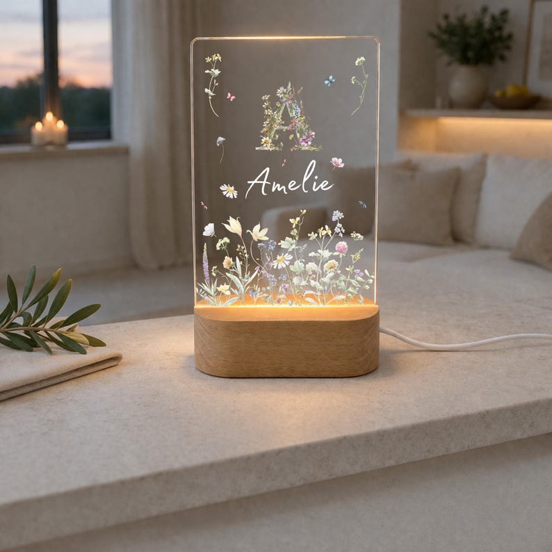 Personlig nattlampa med vildblomsmonogram, LED-nattlampa med namn, personlig present till flickor, födelse, dop, lampa, ljus 4 Hoch
