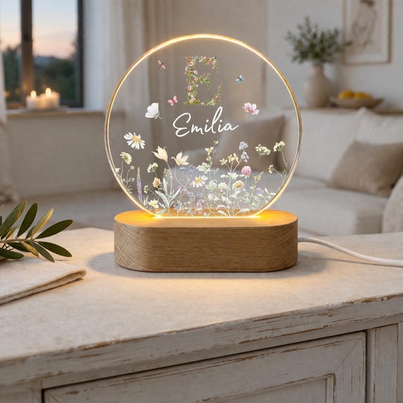 Nachtlicht Wildblumen Monogramm personalisiert, LED Nachtlicht mit Namen, Mädchen Geschenk personalisiert, Geburt, Taufe, Lampe, Leuchte