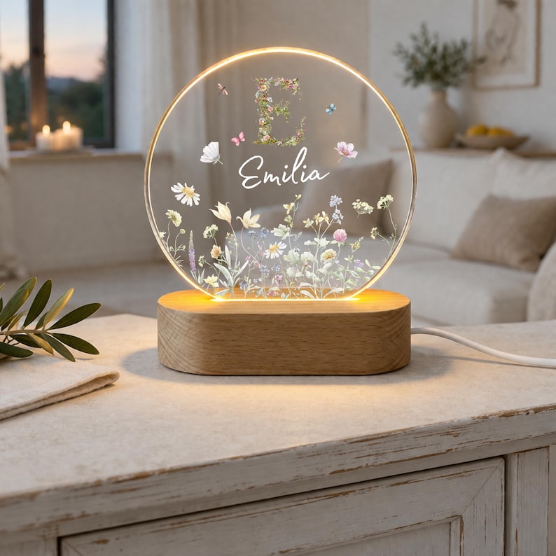 Personlig nattlampa med vildblomsmonogram, LED-nattlampa med namn, personlig present till flickor, födelse, dop, lampa, ljus 2 Kreis