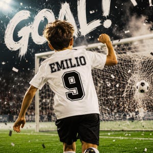 Könnte beinhalten: Ein weißes Fußballtrikot mit schwarzem Besatz, das auf der Rückseite den Namen EMILIO und die Nummer 9 in Schwarz trägt. Das Trikot wird mit einer schwarzen Hose auf einem Fußballfeld mit einem Tornetz und dem Wort GOAL in großen weißen Buchstaben getragen.