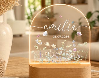 Personalized Wildflower Night Light, LED Night Light with Name, Personalized Gift for Girls, Birth, Christening, Lamp, Light