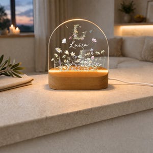Personlig nattlampa med vildblomsmonogram, LED-nattlampa med namn, personlig present till flickor, födelse, dop, lampa, ljus 1 Rund