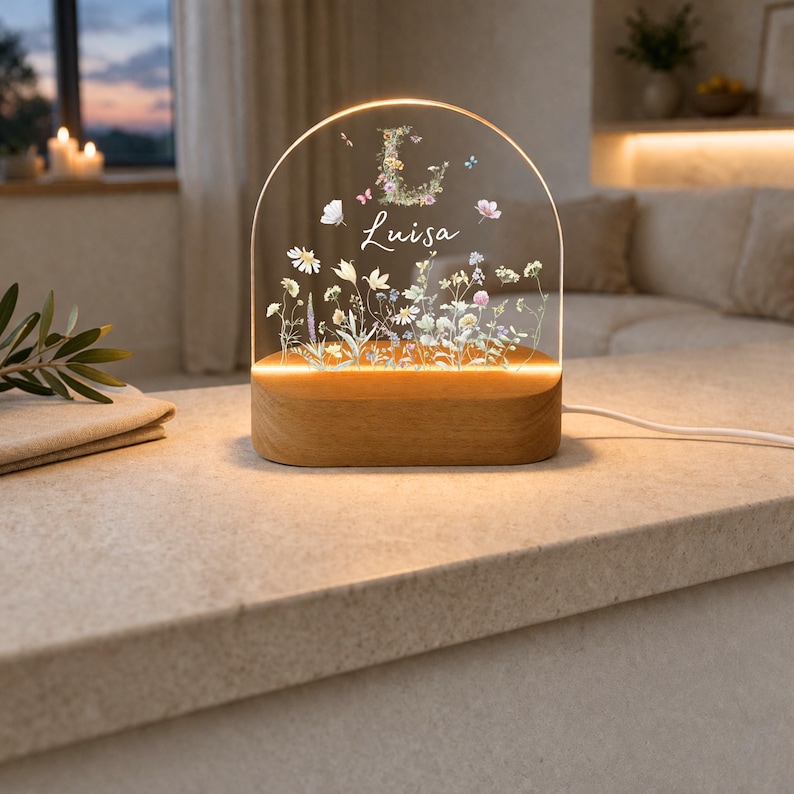 Personlig nattlampa med vildblomsmonogram, LED-nattlampa med namn, personlig present till flickor, födelse, dop, lampa, ljus 1 Rund