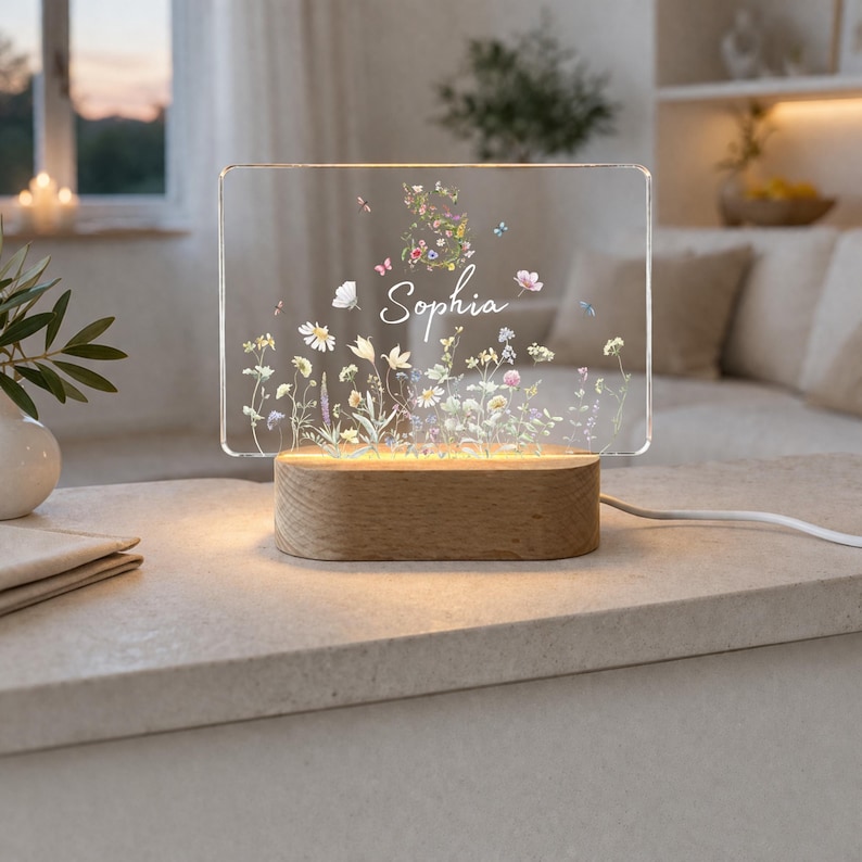 Personlig nattlampa med vildblomsmonogram, LED-nattlampa med namn, personlig present till flickor, födelse, dop, lampa, ljus 5 Quer