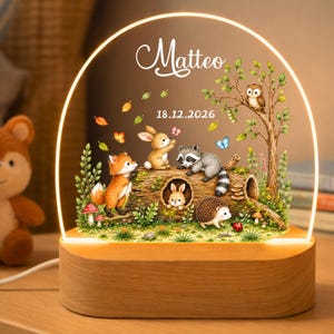 Può includere: Una luce notturna in acrilico ad arco con base in legno, raffigurante una scena boschiva con una volpe, conigli, un procione, un riccio e un gufo. Il testo "Matteo" e "18.12.2026" è stampato in bianco con una calda illuminazione.