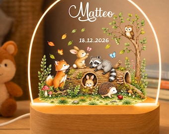 Gepersonaliseerd nachtlampje met dierenmotief uit een bosspeeltuin, LED-nachtlampje met naam, gepersonaliseerd verjaardagscadeau, slaaplampje voor kinderen
