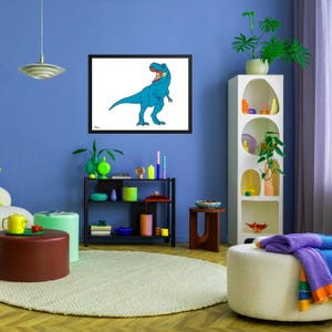 Impression encadrée de qualité musée (options de taille et de cadre) - Dinosaure bleu - T-Rex Fantasy Cool Cartoon Design Dinosaure Animal Blue Jurassic Monster