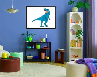 Framed Museum Quality Print (Size & Frame Options) - Blue Dinosaur (T-Rex)