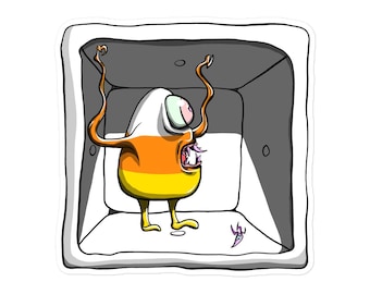 Sticker (Vinyl) - Psychotic Candy Corn Asylum Patient - Monster Gothic Horror Scary Macabre Art Halloween Funny Holiday
