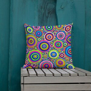 Premium Pillow (Size & Shape Options) - 1960&#39;s - Abstract Cool Geometric Polka Retro Color Blue Pink Purple Green Art Dot Circle Halloween