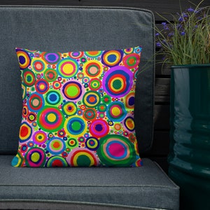 Premium Pillow (Size & Shape Options) - Seeing Spots - Abstract Cool Geometric Polka Retro Color Blue Pink Red Green Circle Dot Halloween