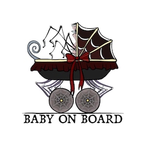 Peut inclure: Illustration d'une poussette noire et bordeaux avec des détails de toile d'araignée et un nœud rouge. Les roues présentent des motifs de toile d'araignée. Le texte "BABY ON BOARD" est en dessous.