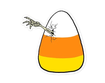 Sticker (Vinyl) (Size Options) - Candy Corn Hatchling - Food Skeleton Gothic Horror Scary Macabre Art Halloween Funny Decal Cool Holiday